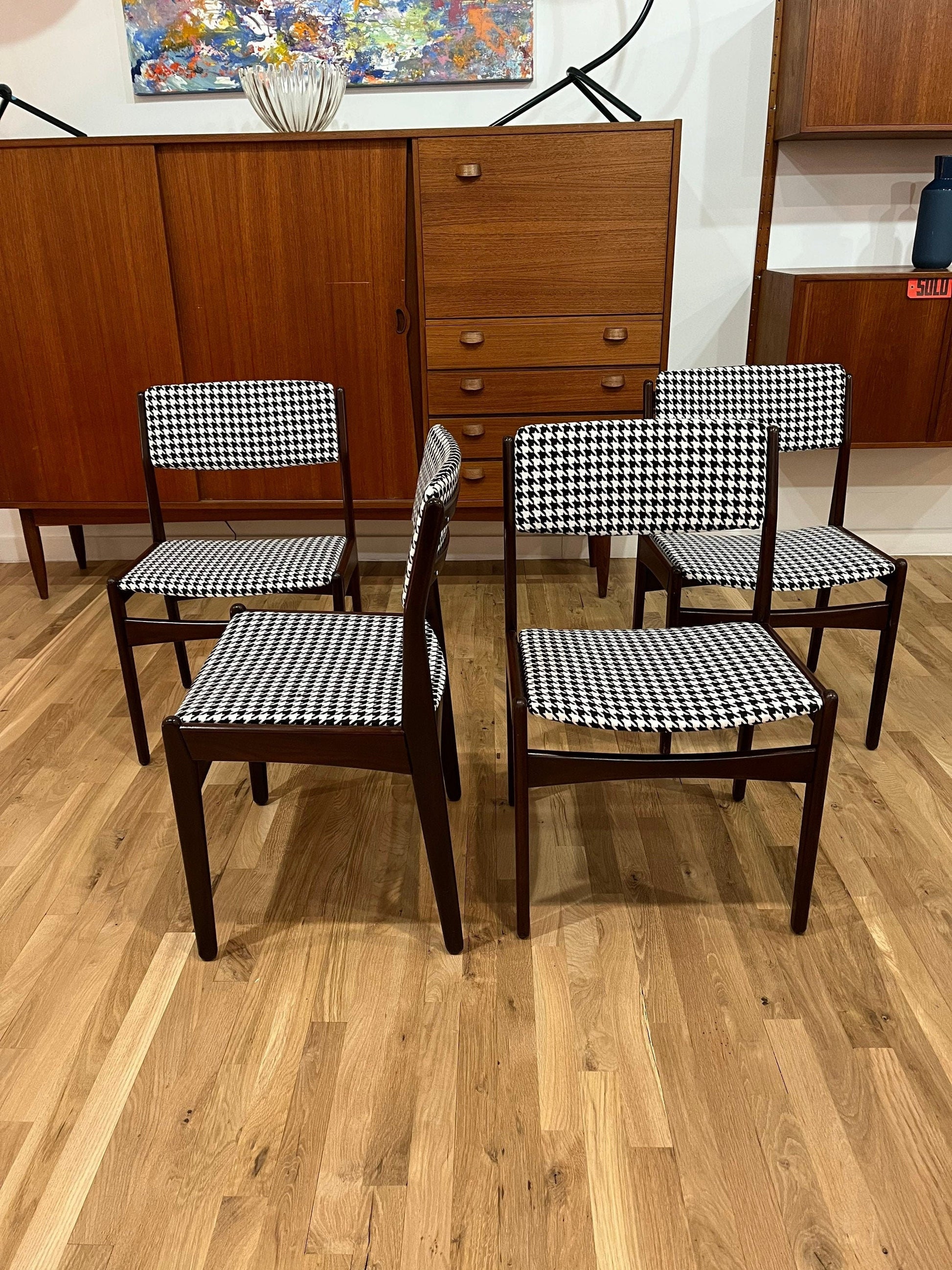Mid Century curated rosewood dining chairs with new houndstooth upholstry