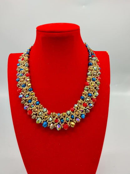 Vintage Multicolored Faceted Bead and Chain Weave Bib Necklace