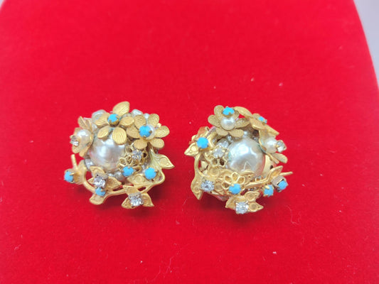 Vintage Unsigned Designer Multi Strand Yellow Gold-plated/Faux Pearl/Zircon/Turquoise Rhinestone Clip-on Earrings
