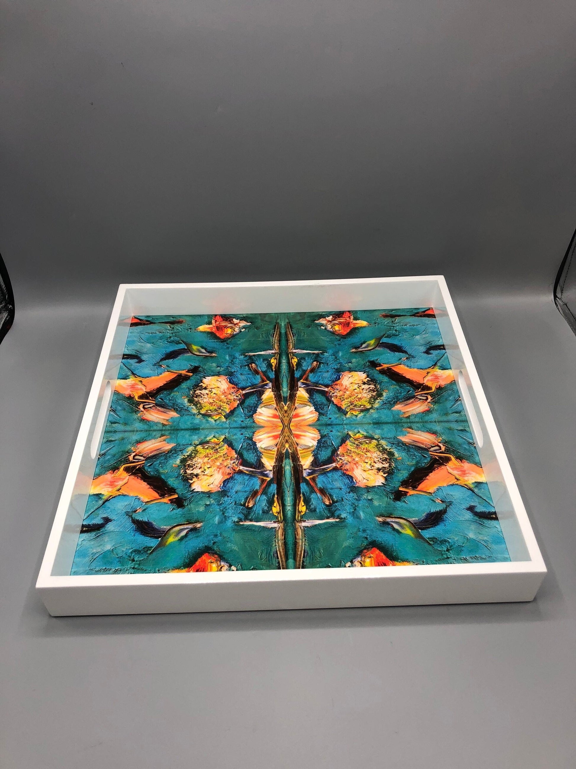 Handmade contemporary lacquer wood tray with multi color abstract titled: The Birds” designed by “Bruce Mishell”16” x 16” inches