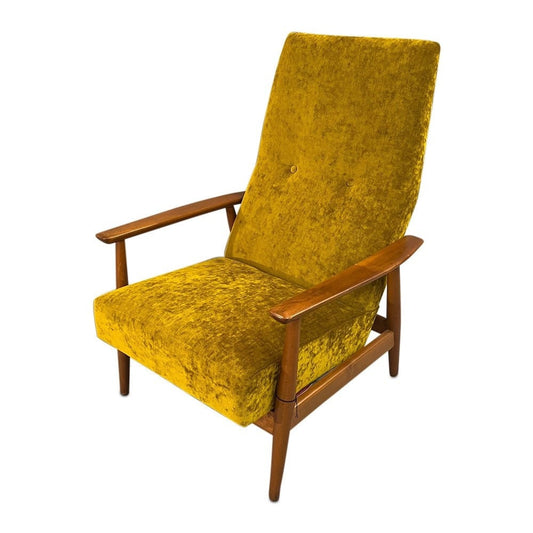 Curated Mid Century teak lounge recliner / rocker chair with new green velvet fabric 1960’s Danish