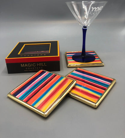 Handmade ceramic square polished gold trim coasters with Bruce Mishell print Set of 4.