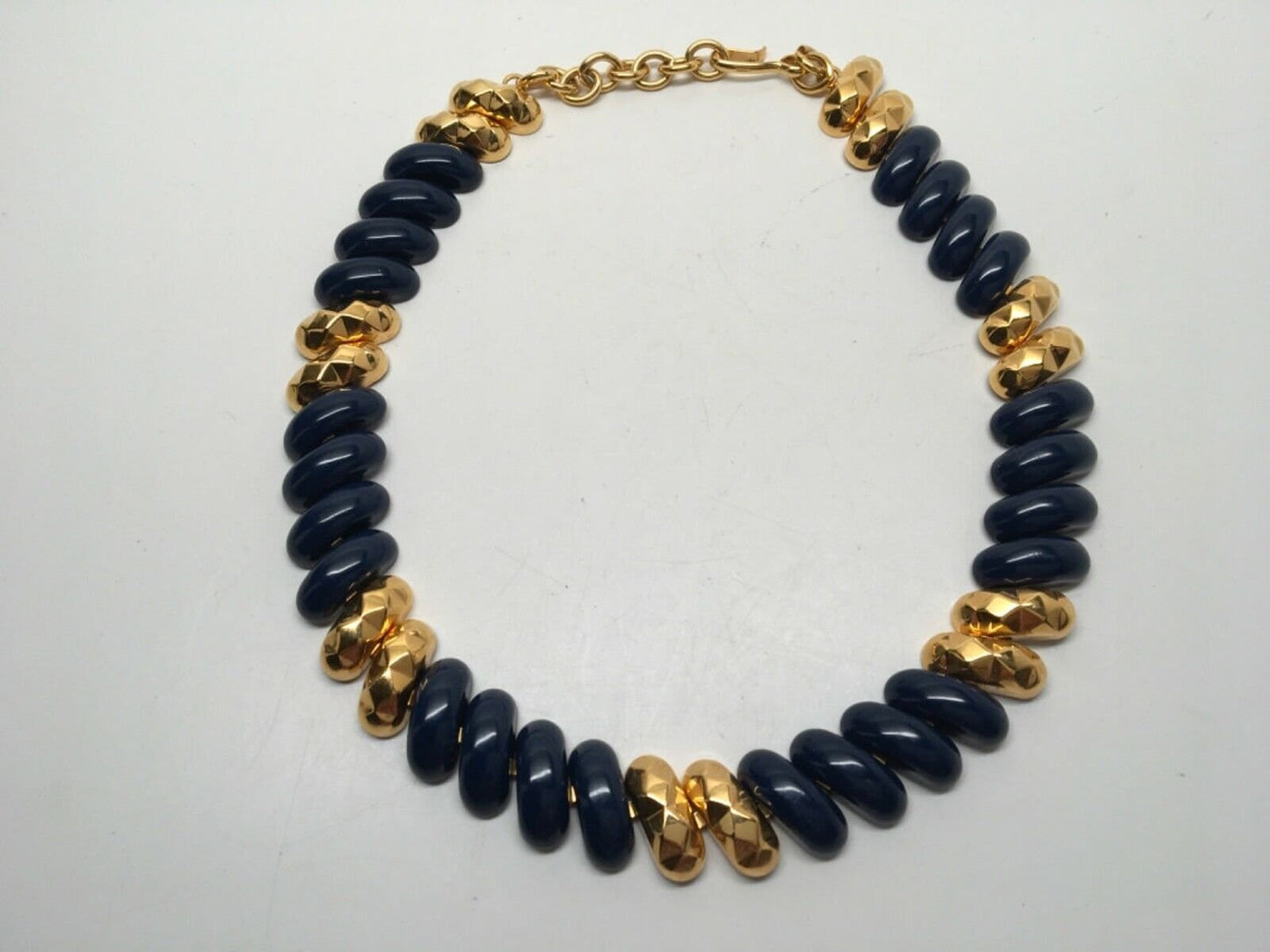 Vtg Signed Monet Gold Tone Navy Blue Enamel Link Collar Necklace