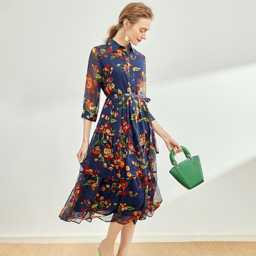 100% Silk Chiffon Collared Button Down Floral Print Midi Dress