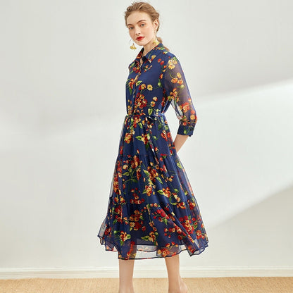 100% Silk Chiffon Collared Button Down Floral Print Midi Dress