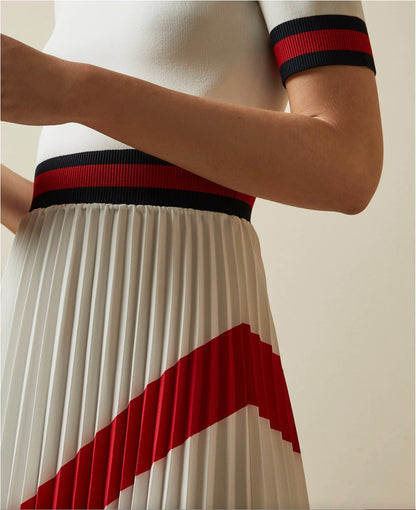 Designer Nautical Inspired Pleated Knit Chiffon Midi Dress