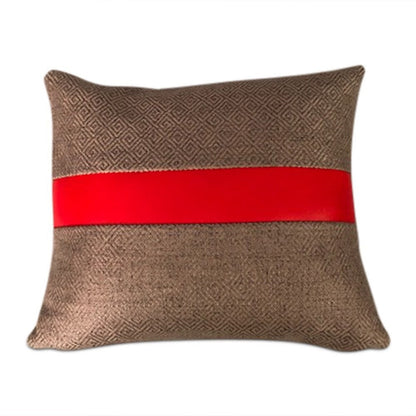 Handmade lumbar pillow with maharam cotton gray geometric tweeted fabric and red vinyl stripe. 12”x 14” inches