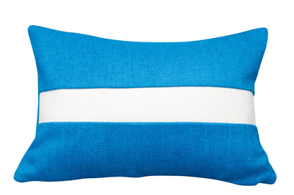 Handmade artisan lumber pillow blue linen with white Naugahyde stripe