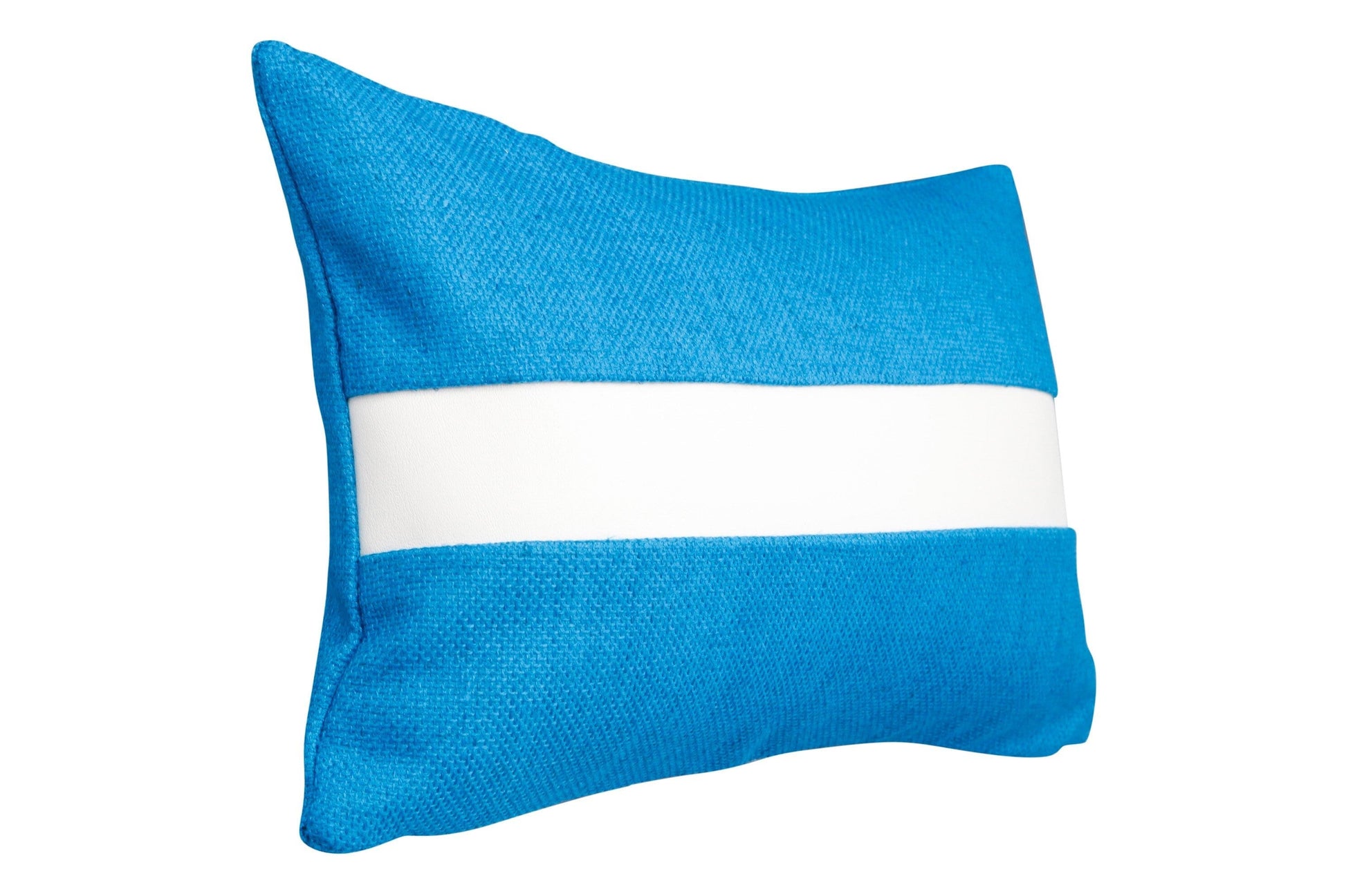 Handmade artisan lumber pillow blue linen with white Naugahyde stripe