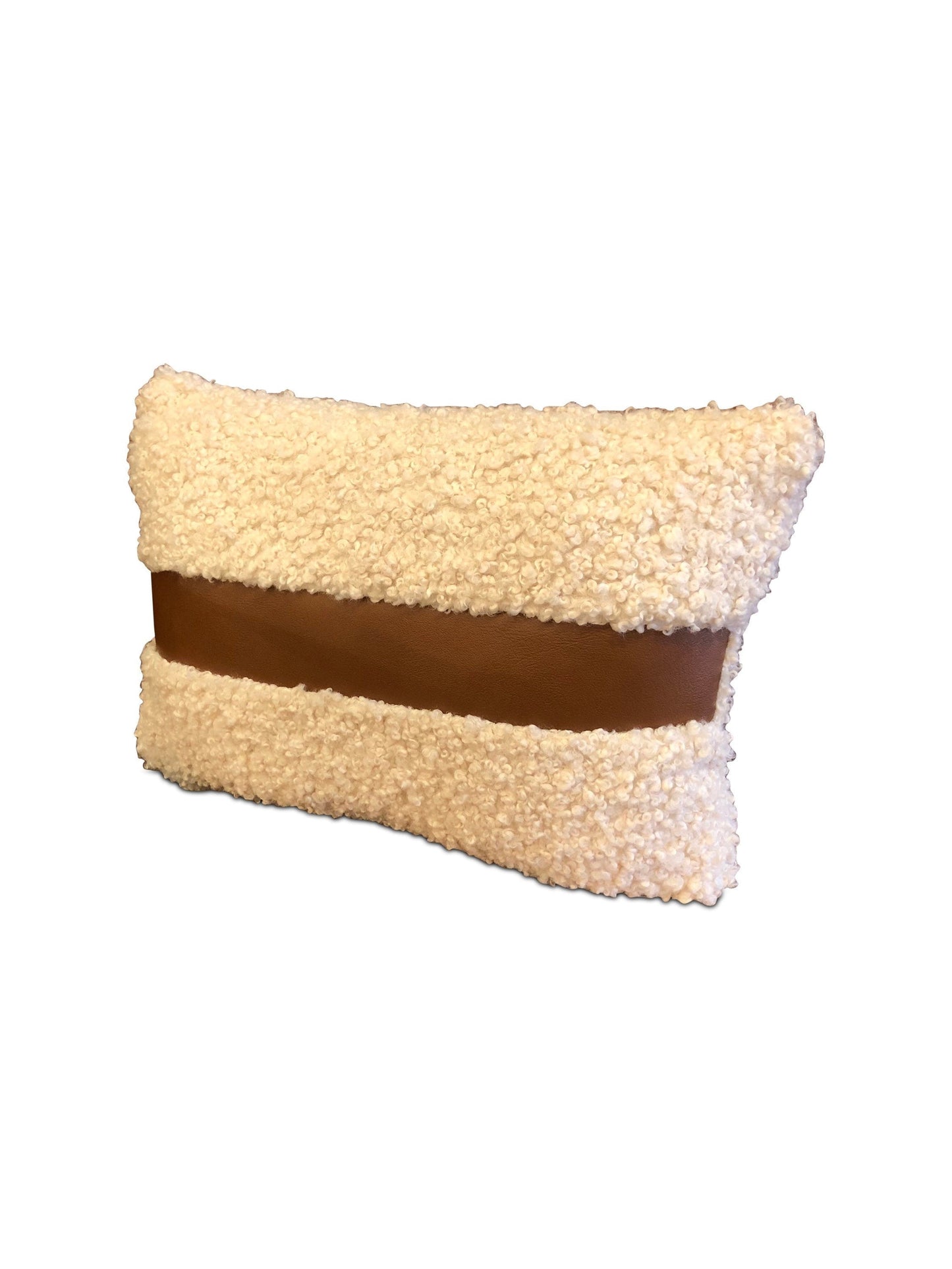 Cream Boucle Faux Sherling & Leather Stripe Lumbar Pillow