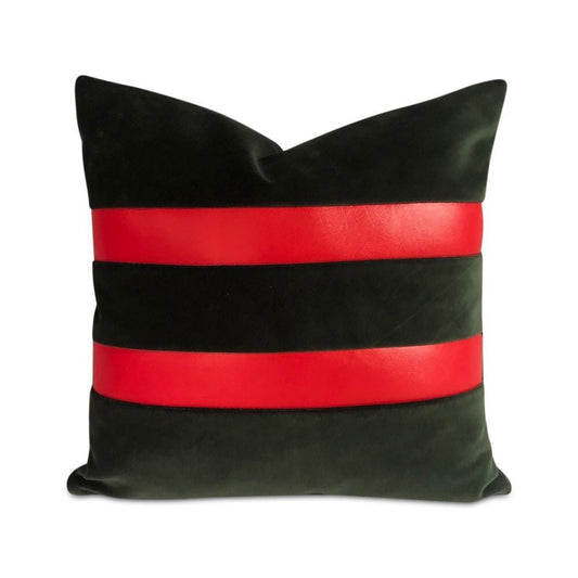 Contemporary handmade green emerald velvet with two red vinyl stripes on one side. 16” x 16” inches