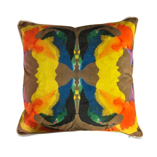 Contemporary abstract kaleidoscope pillows with print on velvet both sides with white piping 16” x 16” inches