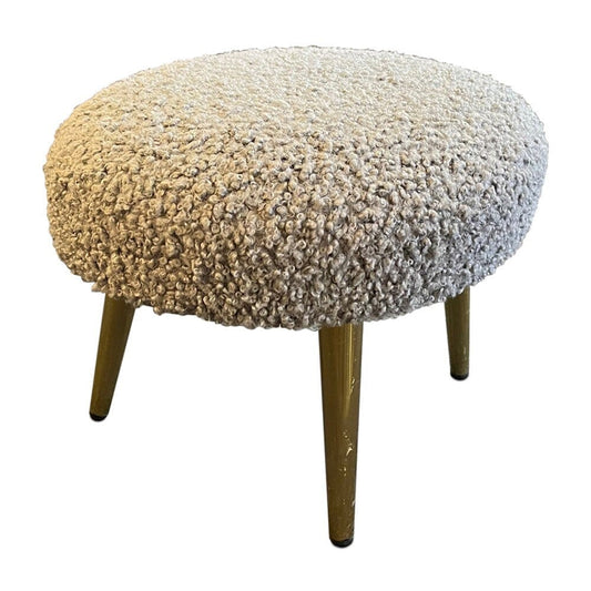 Mid-Century, small ottoman, food stall with brass metal legs with gray Boucle fabric