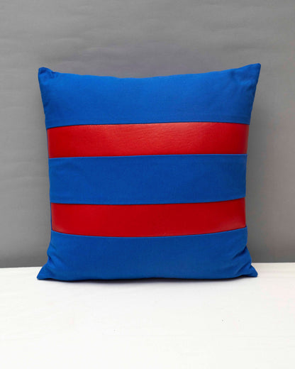 Blue canvas geometric handmade pillow 16 x 16” inches with two red stripes