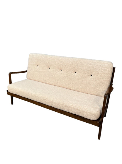 Mid Century curated loveseat sofa with new boucle cushions