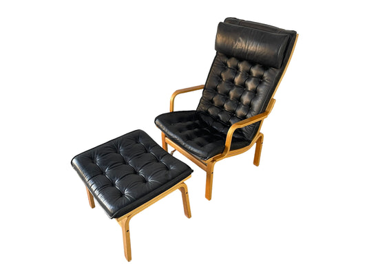 Mid-Century Bruno Mathsson Pernillla chair with leather with ottoman . Jubilee model